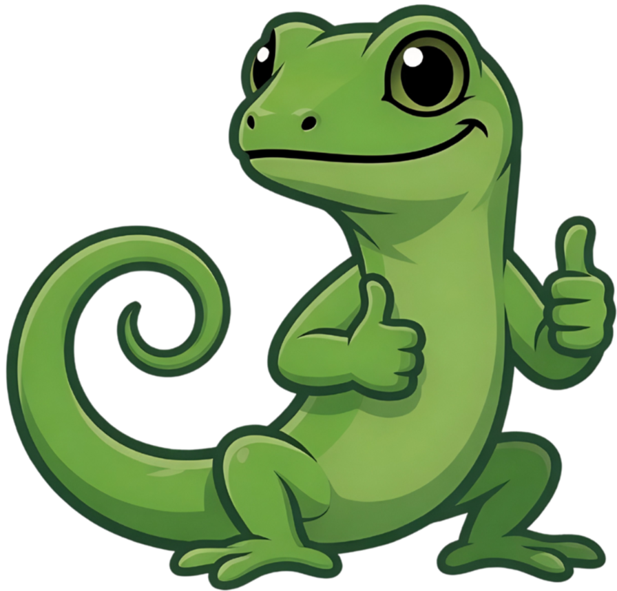 Cartoon green chameleon with big eyes giving a thumbs up and smiling.