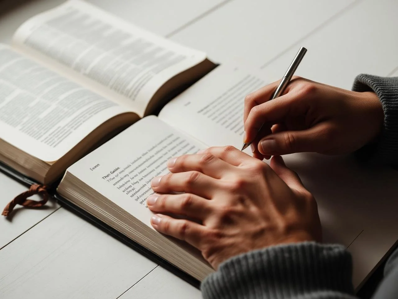 A person is writing in a notebook with a pen while open books lay on a white table.