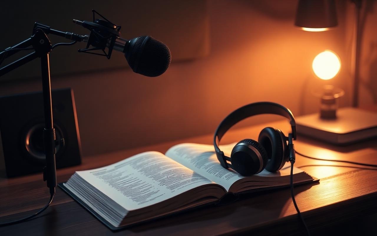 A microphone on a stand, an open book, a pair of headphones, a speaker, and a lamp with warm lighting on a wooden desk.