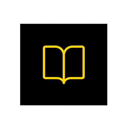 A yellow outline of an open book icon on a black background.