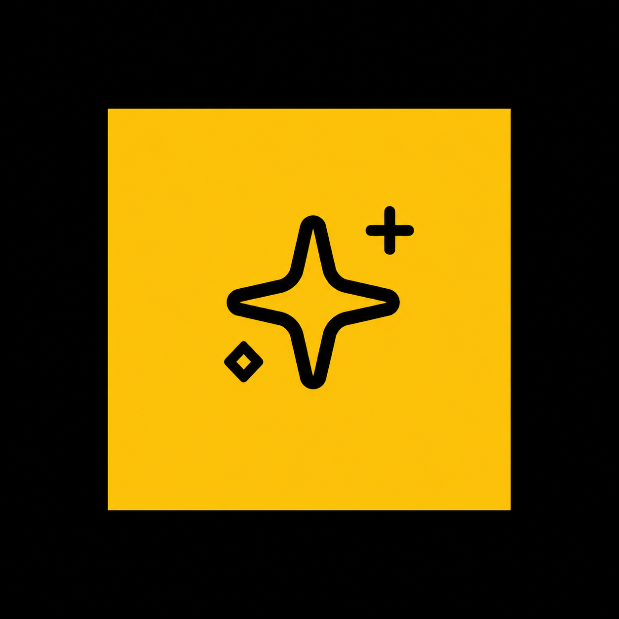 Black outline sparkle icon with plus and diamond shapes on a yellow background, enclosed in a black border.