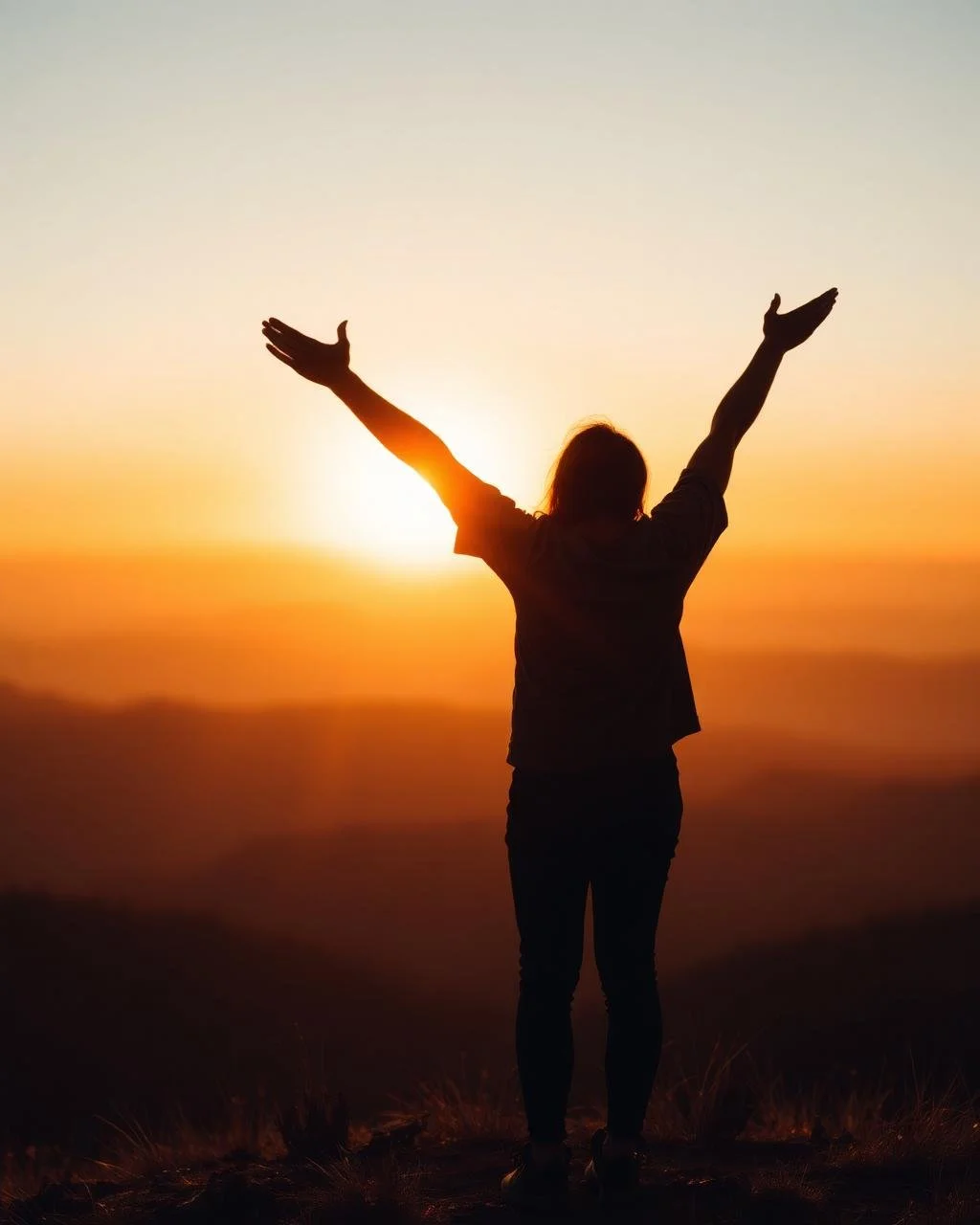 Person with arms raised enjoying sunrise over landscape.