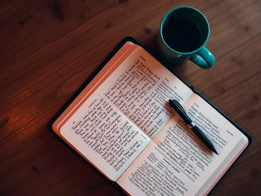 Open notebook with handwritten notes and a pen on a wooden table, next to a cup of black coffee.