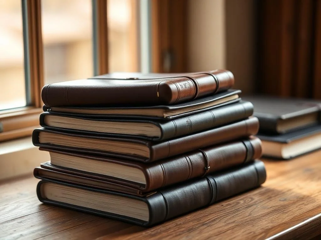 Stacked leather-bound notebooks or journals on a wooden table near a window.