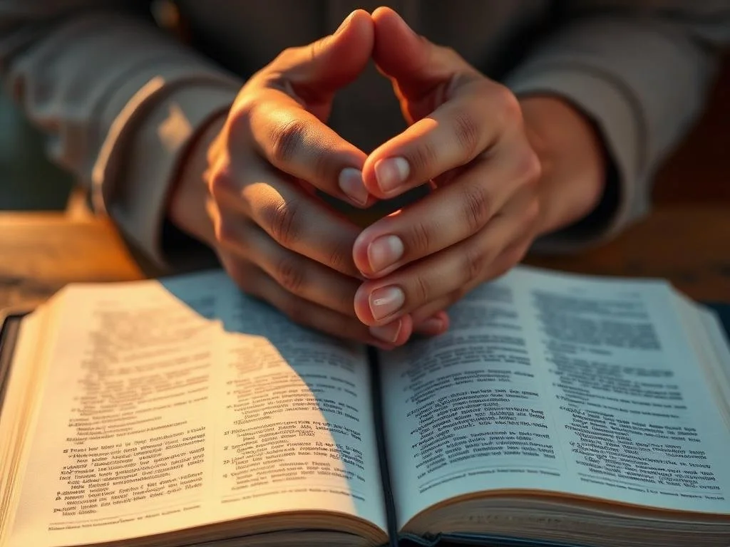 Hands clasped together over an open book on a wooden table, with sunlight casting a warm glow.
