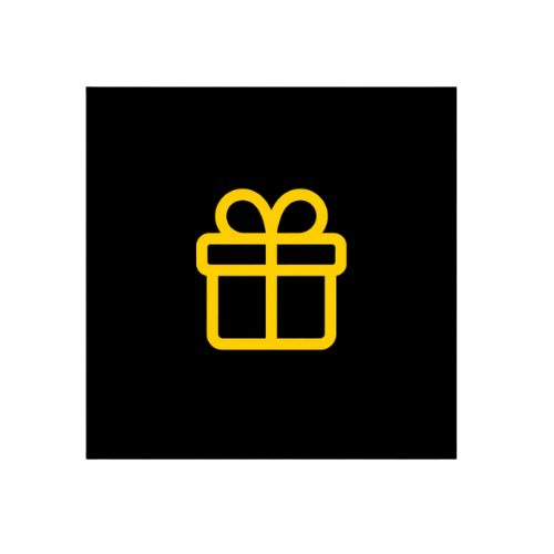 Yellow gift box icon on black background.