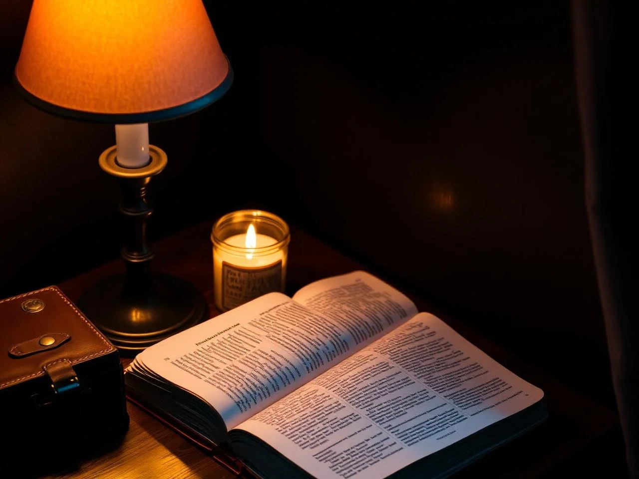 Open Bible on a wooden table with a lit candle, a table lamp, and a leather wallet.