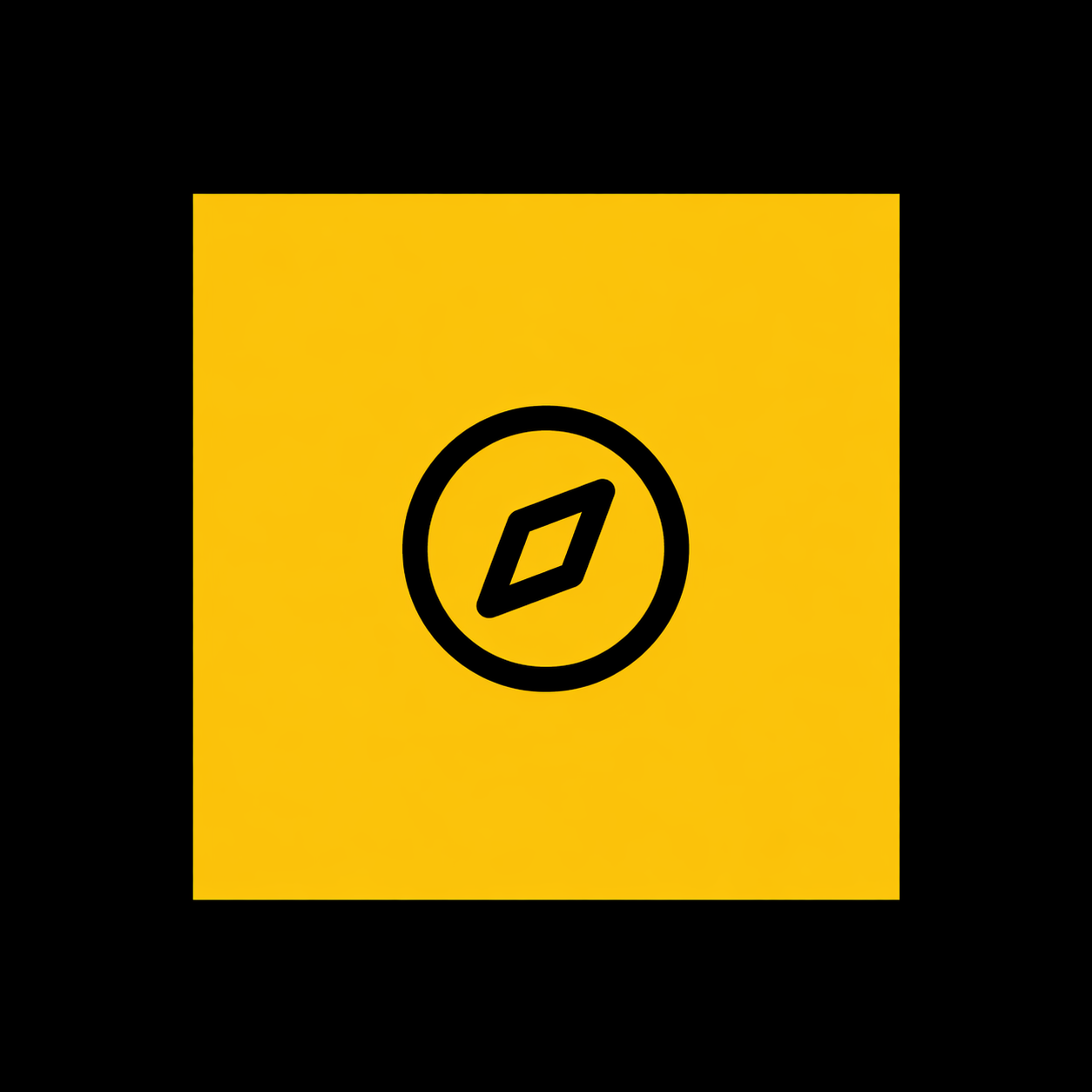 A yellow square with a black circular icon in the center, containing a black diamond shape.