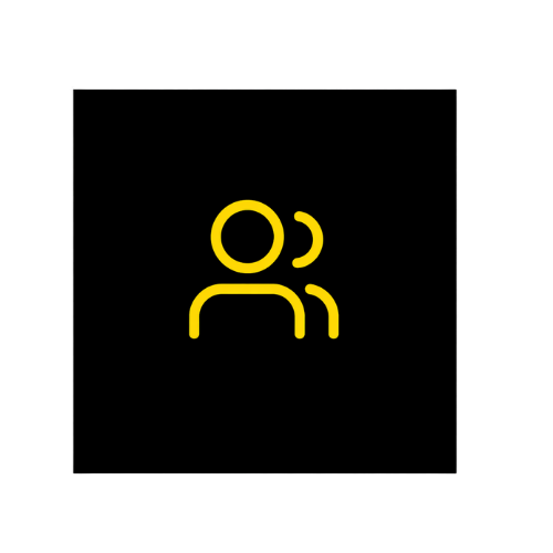 Yellow icon of two people, one in front of the other, on a black background.