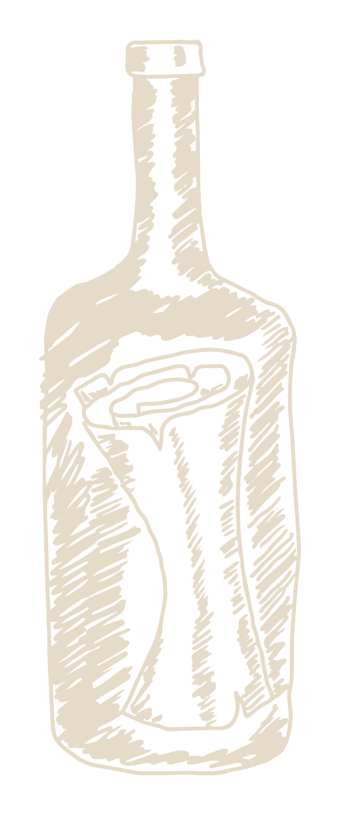A sketch of a bottle with an outline of a rolled up note.