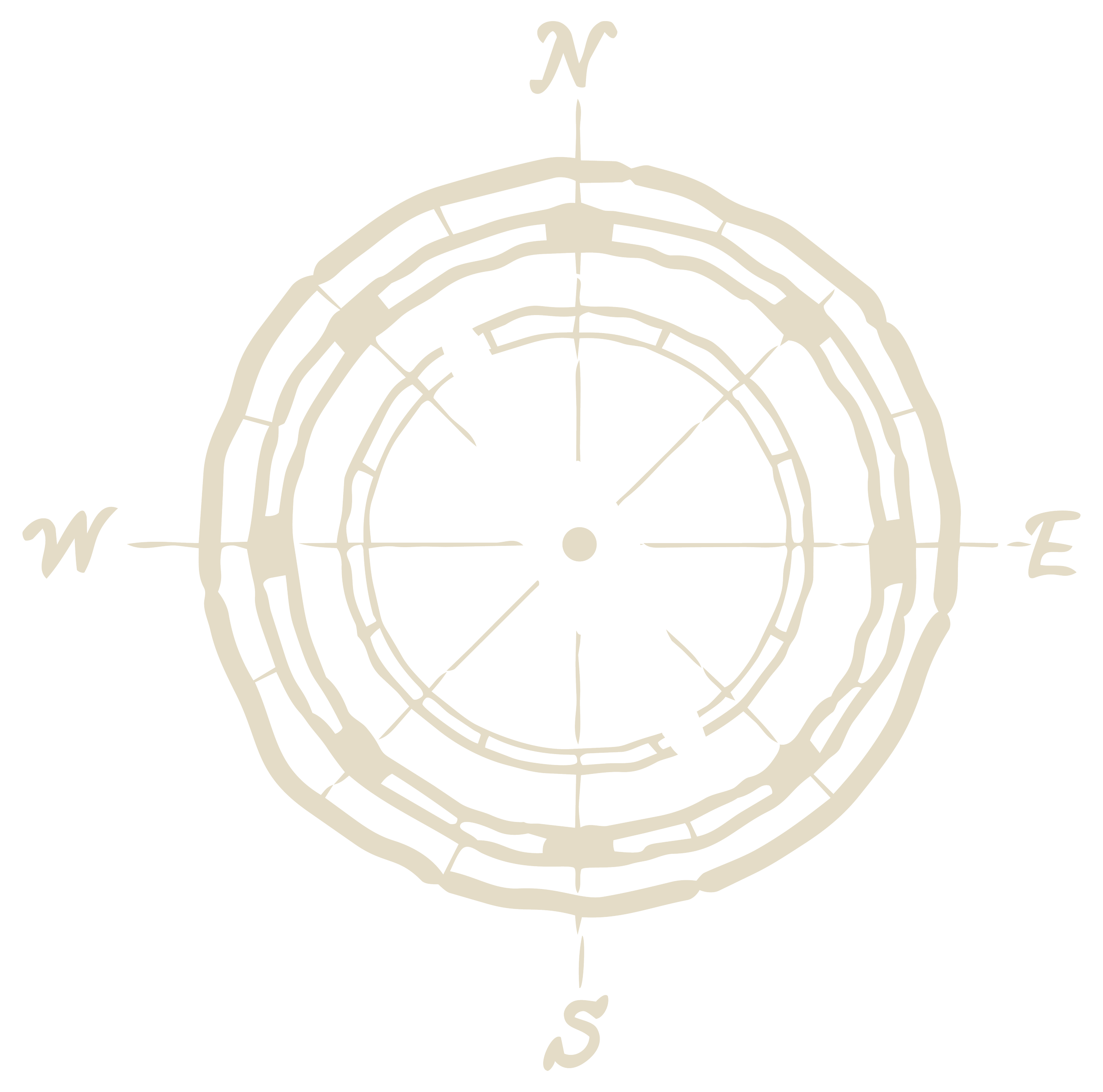 A compass rose showing the four cardinal directions: North, East, South, and West on a black background.