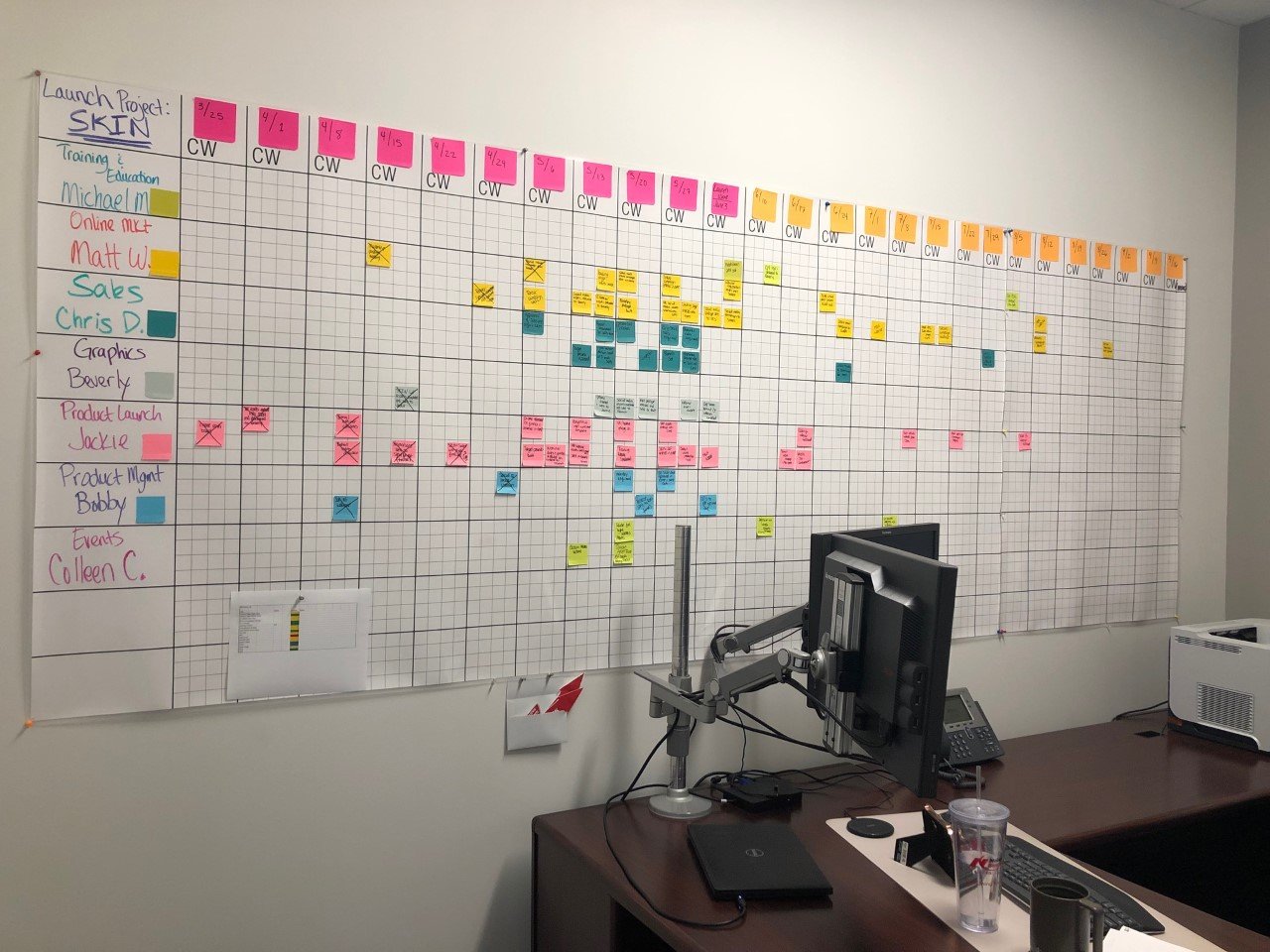 Large white project management board with a grid layout, filled with colorful sticky notes and handwritten labels, placed on an office wall above a desk with computer equipment.