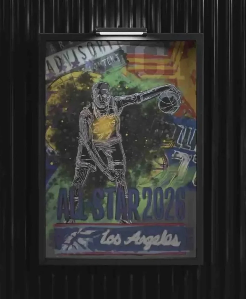 Poster for the NBA All-Star 2026 game in Los Angeles featuring an outline of a basketball player mid-dribble with a basketball in his hand, colorful graffiti-style background, and text that says 'NBA All-Star 2026 Los Angeles'.