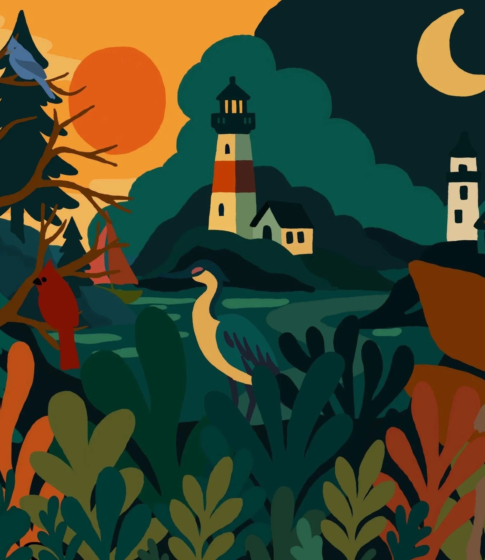 An illustration of a lighthouse on a landscape with trees, near water, with a sunset or sunrise and a crescent moon in the sky.