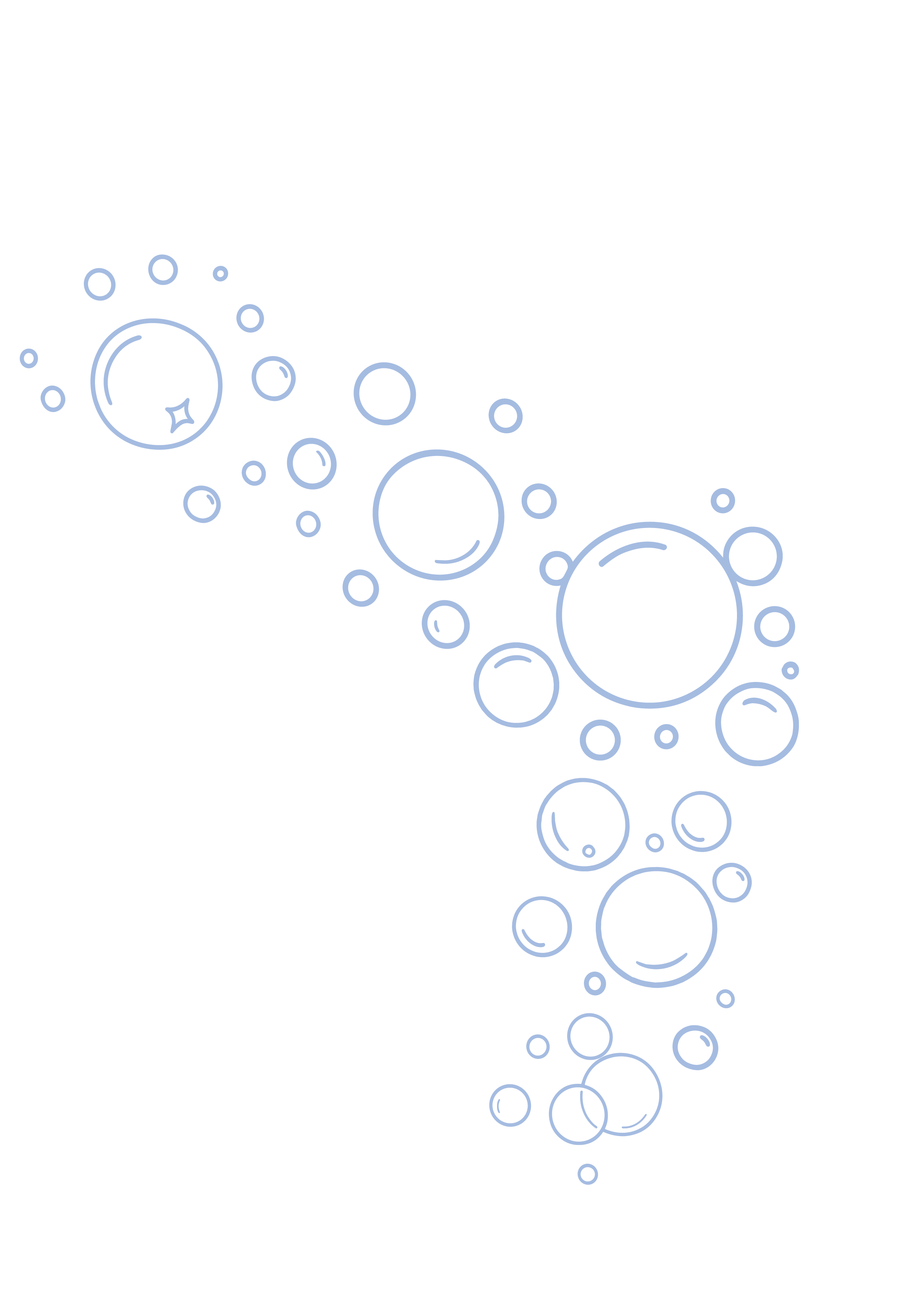 Illustration de bulles d'eau de différentes tailles, de couleur blanc/bleu clair, sur un fond noir