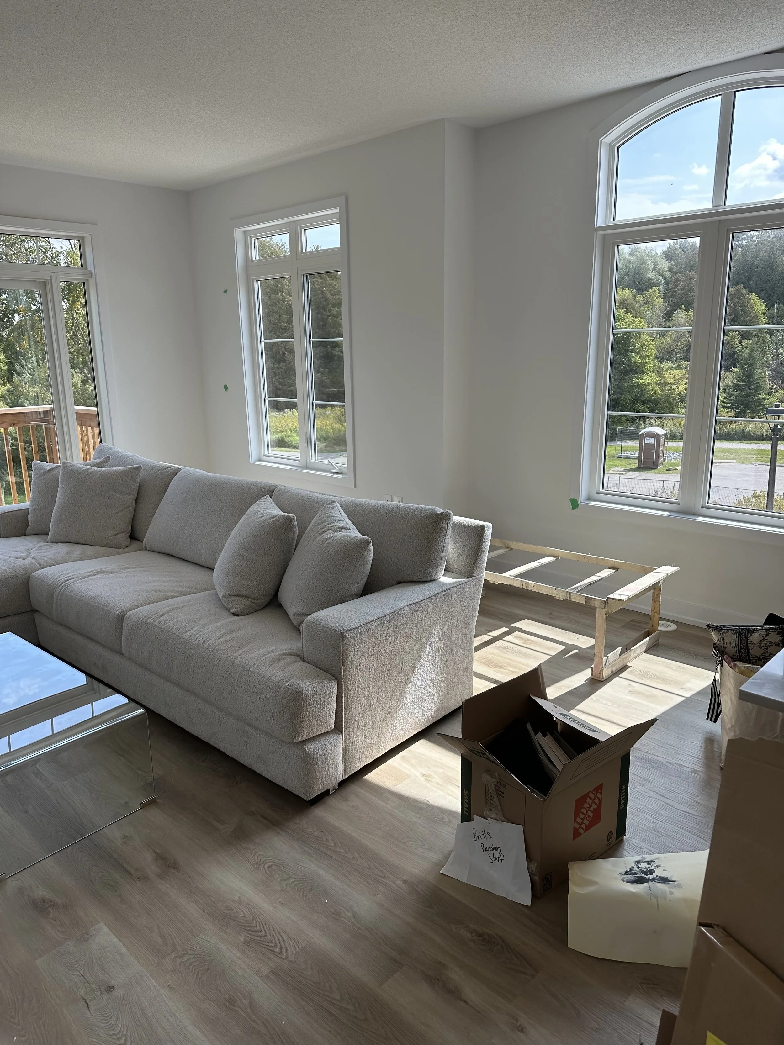 Intérieur d'un salon en cours de décoration ou de rénovation avec un canapé beige, une table basse miroir, et une pièce de mobilier en carton marquée 'Beginner Stuff'. La pièce possède de grandes fenêtres laissant passer beaucoup de lumière naturelle, avec vue sur un espace vert extérieur.