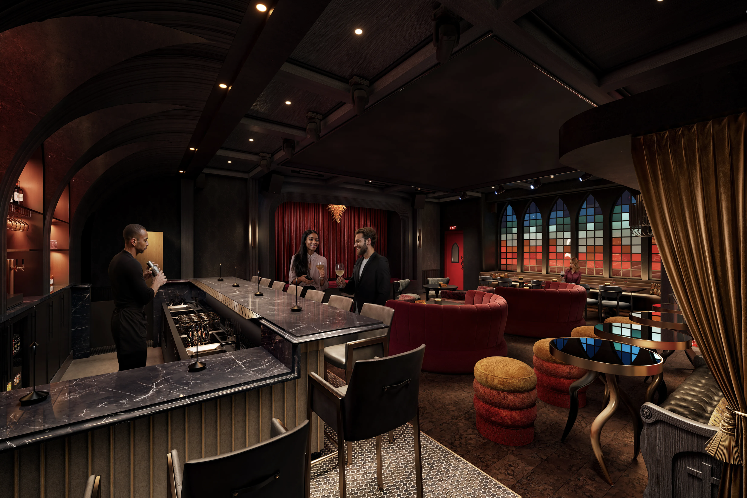A stylish indoor bar scene with a bartender preparing a drink. Two people are conversing with drinks in hand near the bar, and a woman is sitting alone on a red velvet sofa by tall, arched windows with a colorful sunset outside.