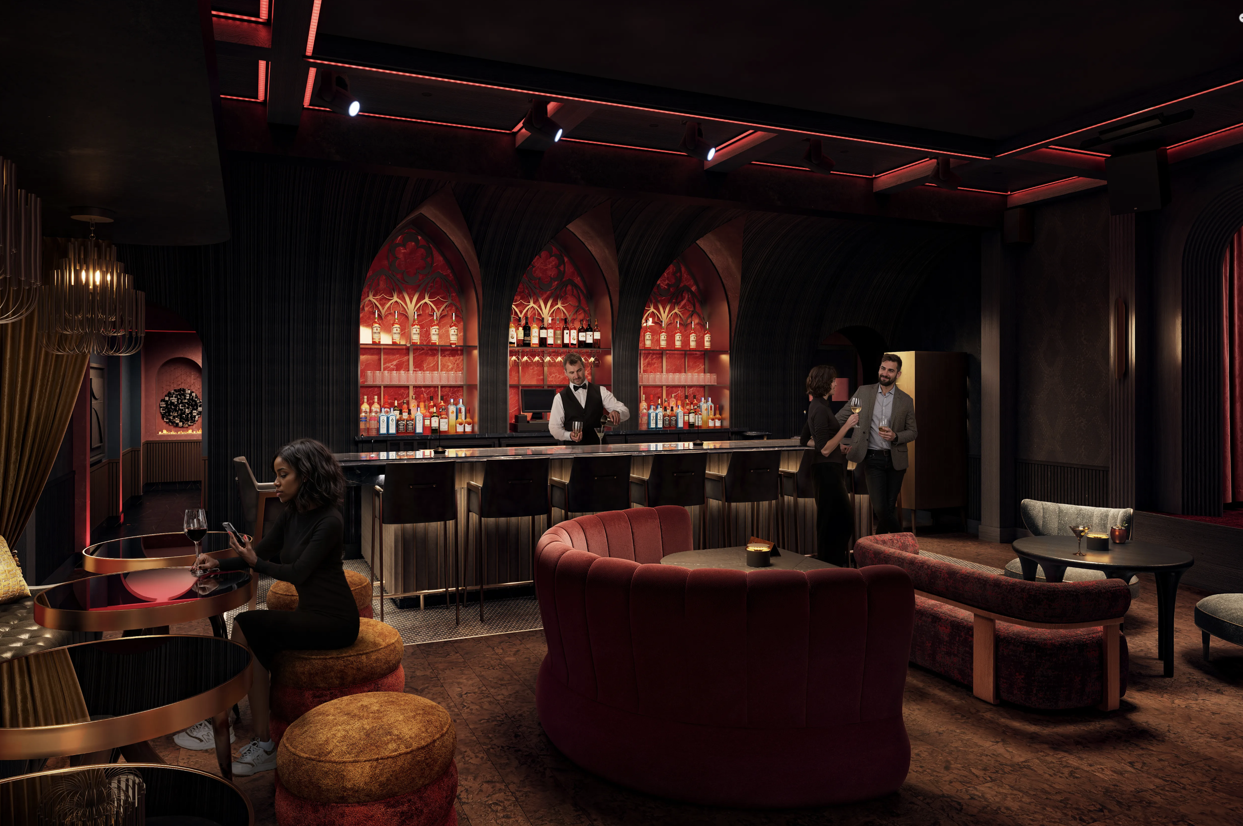 A luxurious nightclub or lounge with a bar, classy seating, and bottle display, featuring a bartender and two people having a conversation, with dark elegant decor and warm lighting.