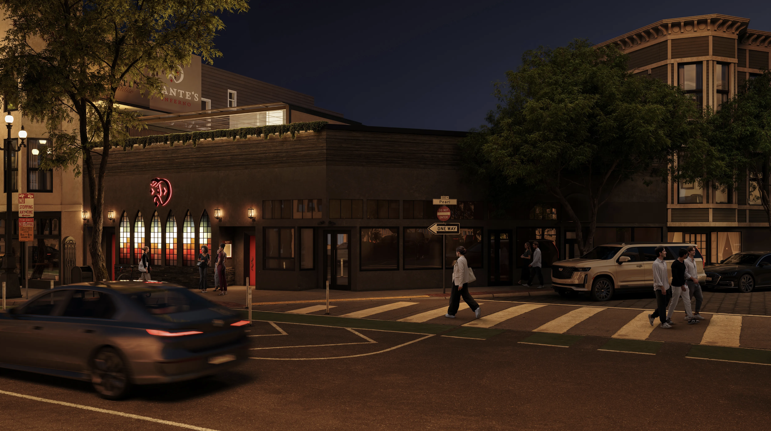 Nighttime scene of a city street with pedestrians crossing and cars driving by. A building with a illuminated sign for a restaurant called 'Gino's Napoli' is visible, with a red neon sign and decorative windows. Trees line the sidewalk, and street signs are visible.