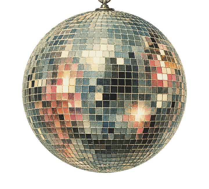 A large disco ball covered in small, reflective square tiles.