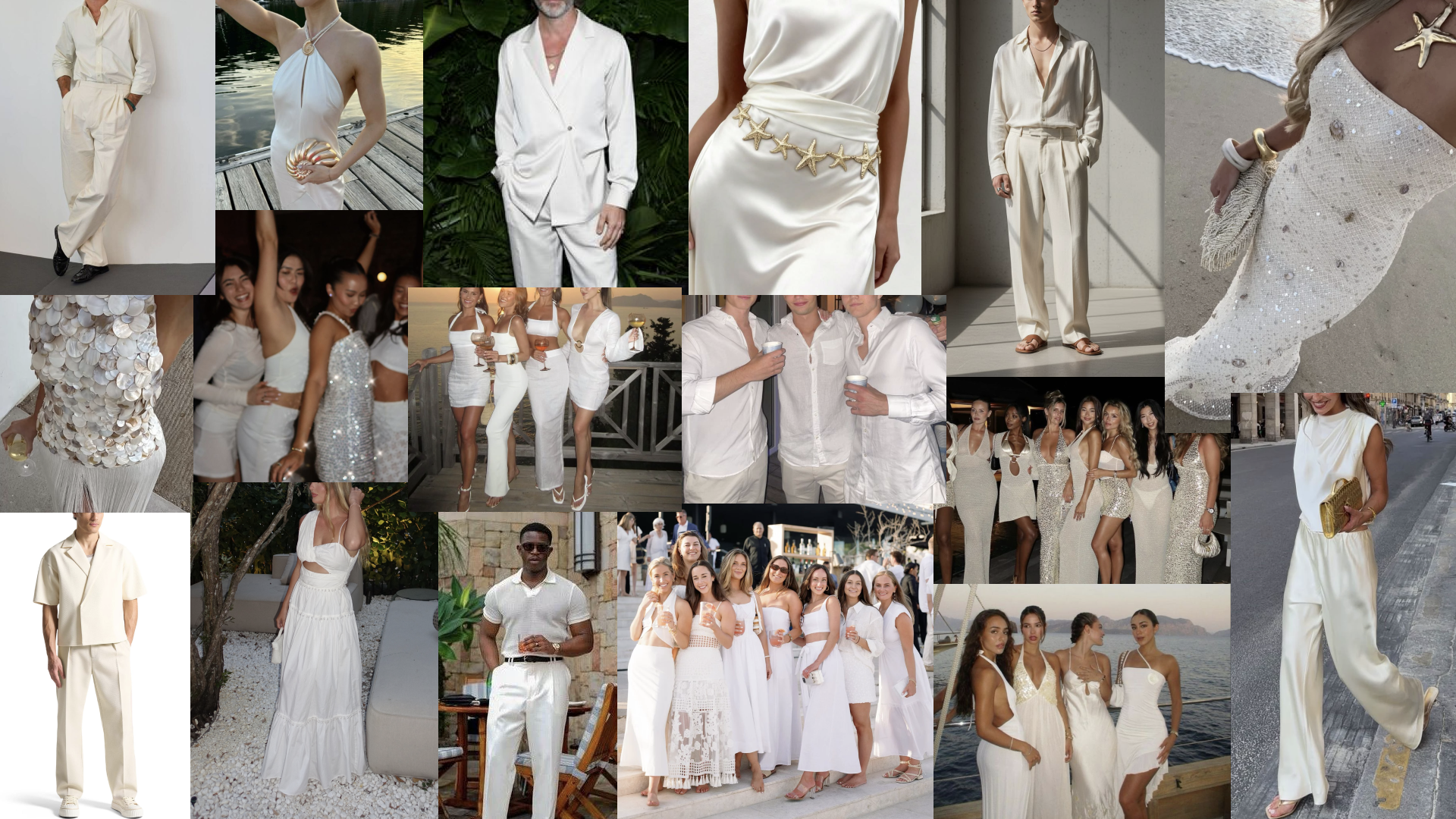 A collage of people wearing white and beige summer outfits, including dresses, jumpsuits, and casual wear, on a beach, boat, patio, and city street.