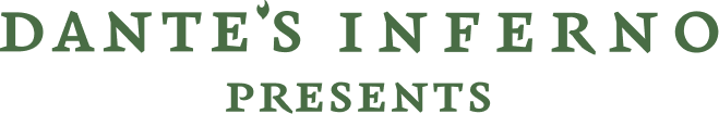 The title 'DANTE'S INFERNO PRESENTS' in green text on a white background.