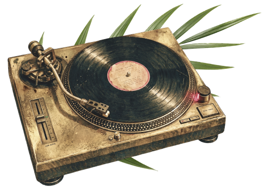 An old turntable with a vinyl record on it, surrounded by green leaves.