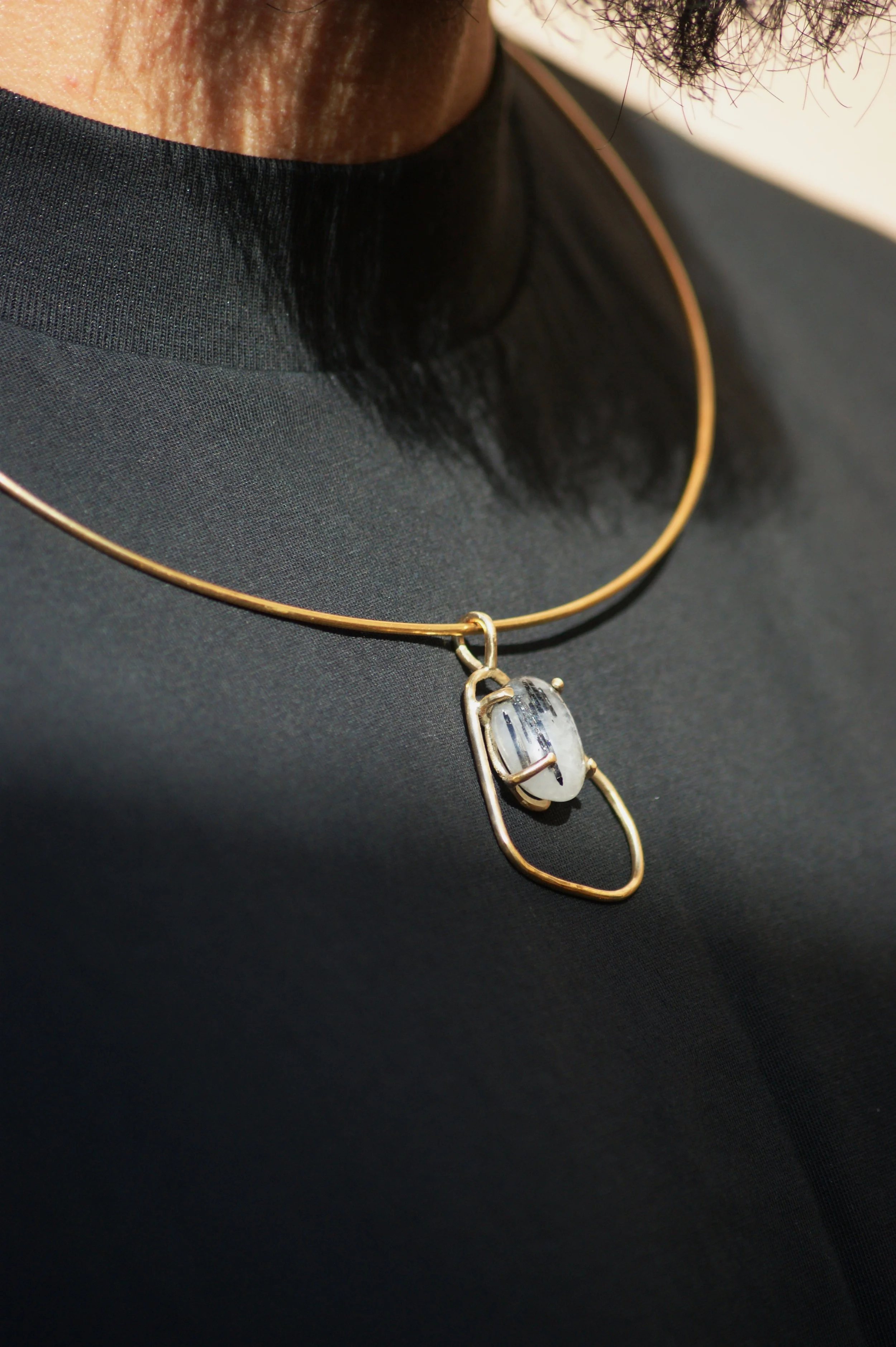 Brass & Tourmalinated Quartz Pendant