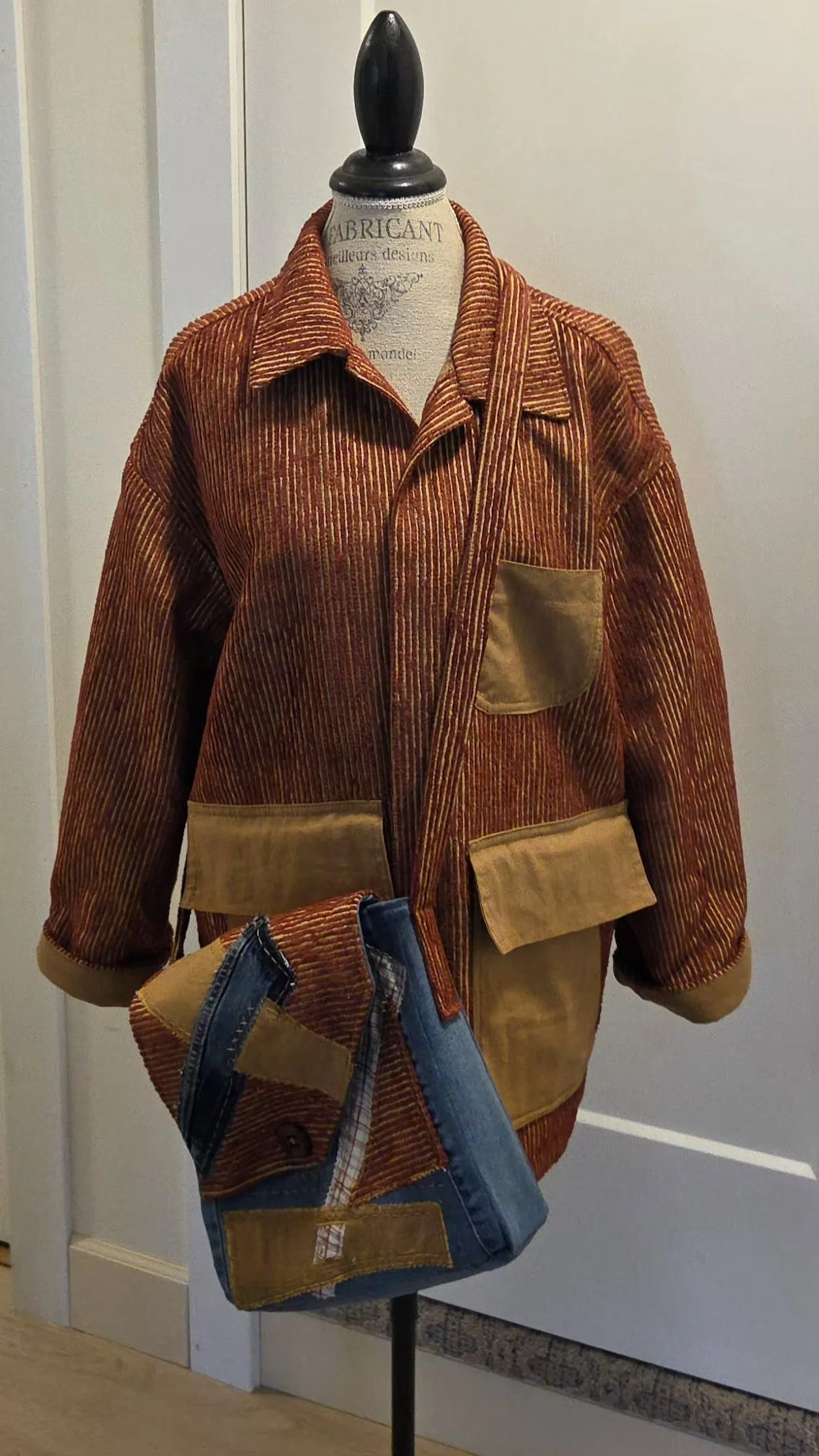 Handcrafted Patchwork Corduroy Jacket and Over The Shoulder Tote