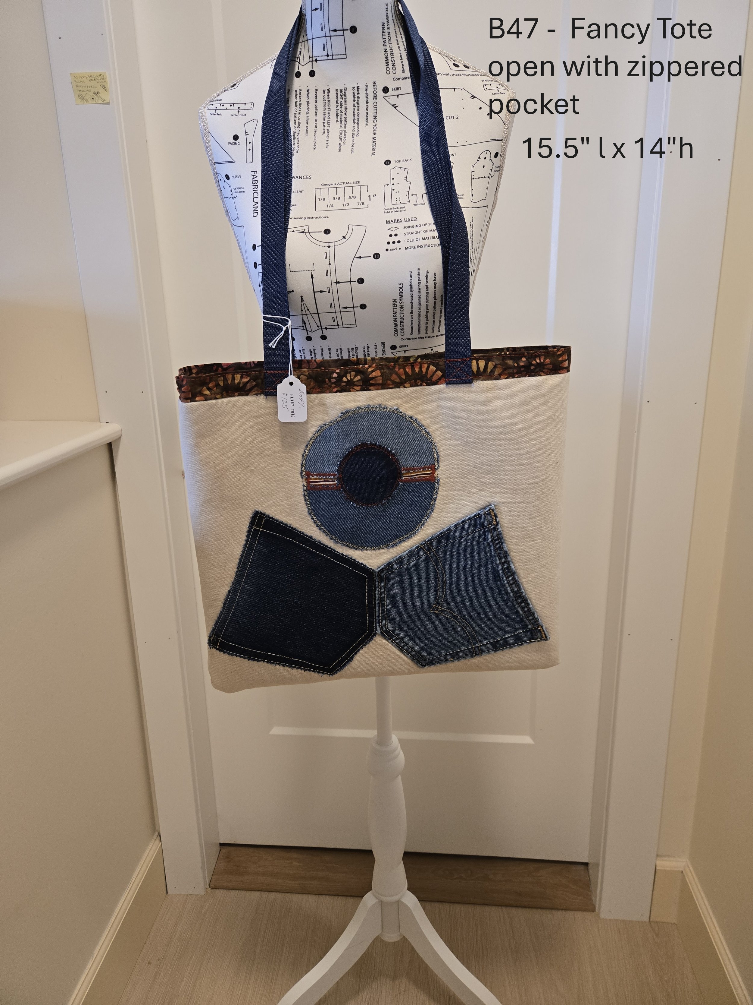 Fancy Denim-Inspired Tote with Zippered Pocket