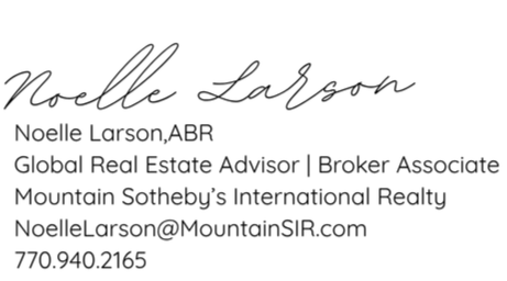 Business card for Noelle Larson, a real estate broker associate at Mountain Sotheby's International Realty, with contact information including email and phone number.