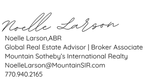 Business card for Noelle Larson, ABR, with contact information and professional titles for real estate and broker services.