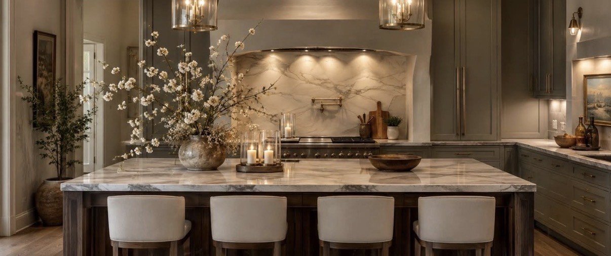 A modern kitchen with a large marble island, four white chairs, candles, a flower vase, and gray cabinetry.
