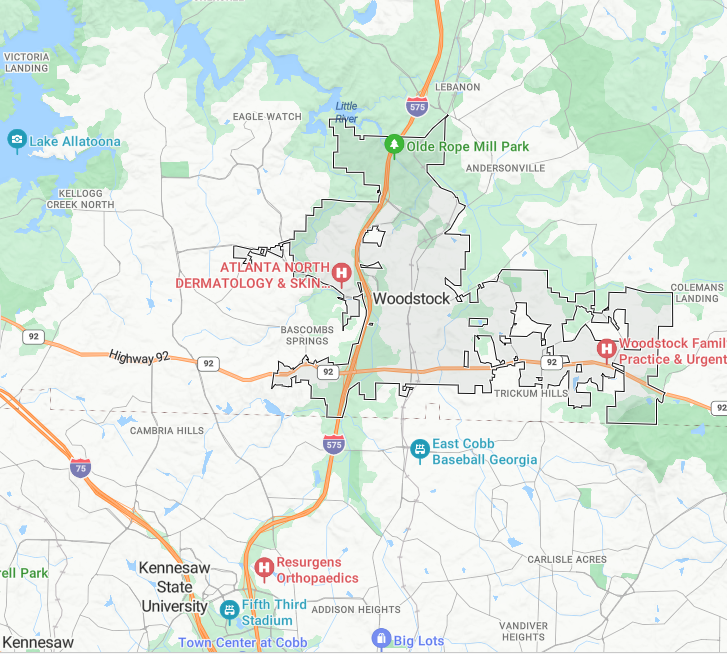 Map of Woodstock, Georgia, showing surrounding neighborhoods, highways, parks, and local landmarks, including Olde Rope Mill Park, Atlanta North Dermatology & Skin, Woodstock Family Practice & Urgent Care, East Cobb Baseball Georgia, Resurgens Orthopaedics, Fifth Third Stadium, Kennesaw State University, and Town Center at Cobb.