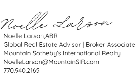 Business card with Noelle Larson's name, title as a global real estate advisor, broker associate at Mountain Sotheby's International Realty, including email and phone number.