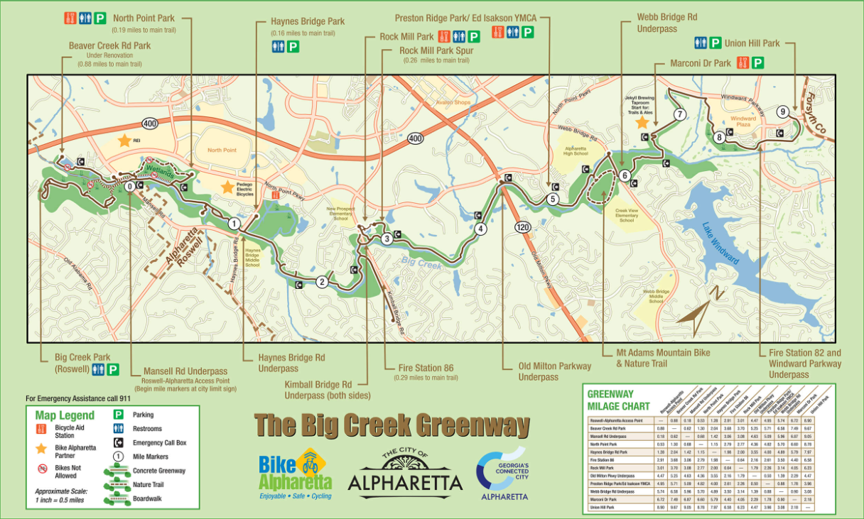 Map of The Big Creek Greenway showing trail routes, parking locations, parks, and landmarks along the trail in Alpharetta, Georgia.