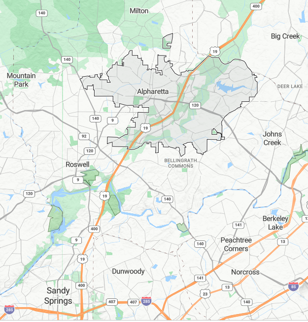 Map of the city of Alpharetta and surrounding areas in Georgia, showing roads, parks, and nearby towns.