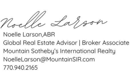 Business card for Noelle Larson, a global real estate advisor and broker associate at Mountain Sotheby's International Realty. Includes contact info and email address.