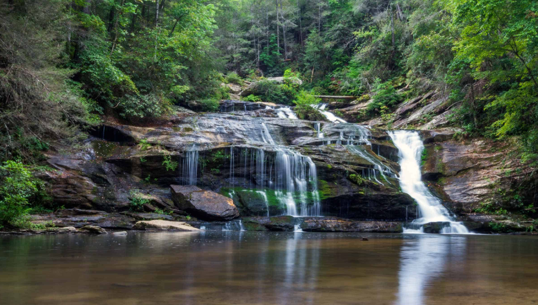 A waterfall flowing over rocks into a river surrounded by green trees in a forest.