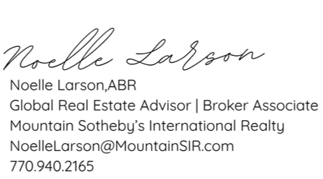 Business card for Noelle Larson, a real estate agent and broker associate at Mountain Sotheby's International Realty. Contains contact information including email and phone number.
