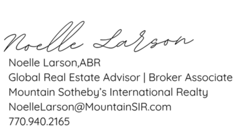 Business card with Noelle Larson's name, title, contact information, and email address.