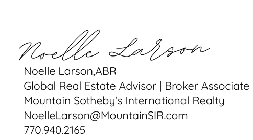 Business card for Noelle Larson, a real estate advisor and broker associate at Mountain Sotheby's International Realty, includes contact information and email address.