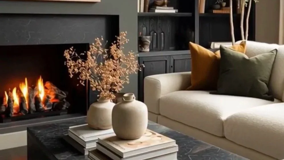 Living room with a white sofa decorated with yellow and green pillows, a black coffee table with beige vases and books, a fireplace with flames, and a dark blue cabinet with books and decor.