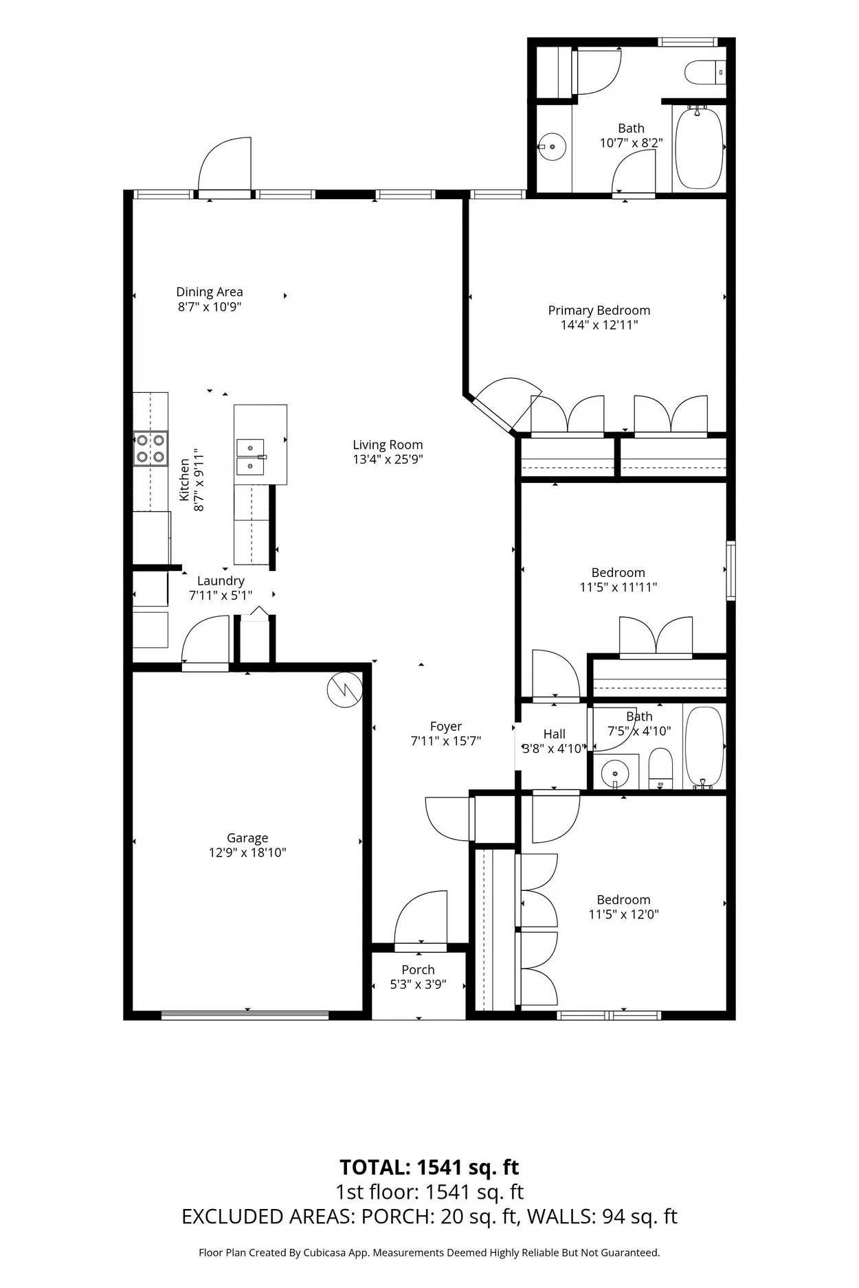 Floor plan of a house with labeled rooms including living room, kitchen, dining area, bedrooms, bathrooms, laundry, garage, porch, hall, and foyer, with room dimensions and total area of 1541 square feet.