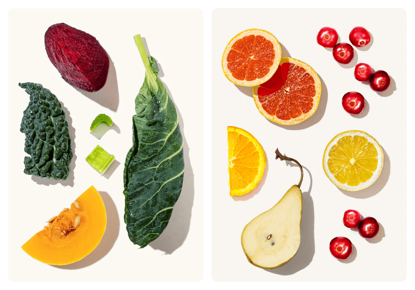 Assorted fresh fruits and vegetables arranged on a white background, including a beet, kale, green onion, butternut squash, grapefruit, orange, pear, and cranberries.