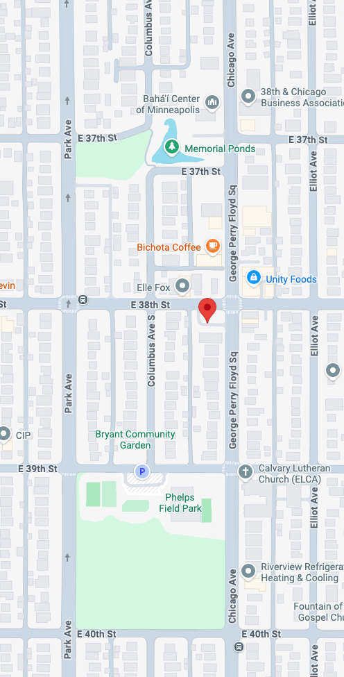 Map showing streets, parks, and landmarks including E 38th St, Phelps Field Park, Bryant Community Garden, Memorial Ponds, and various businesses in the Minneapolis area.