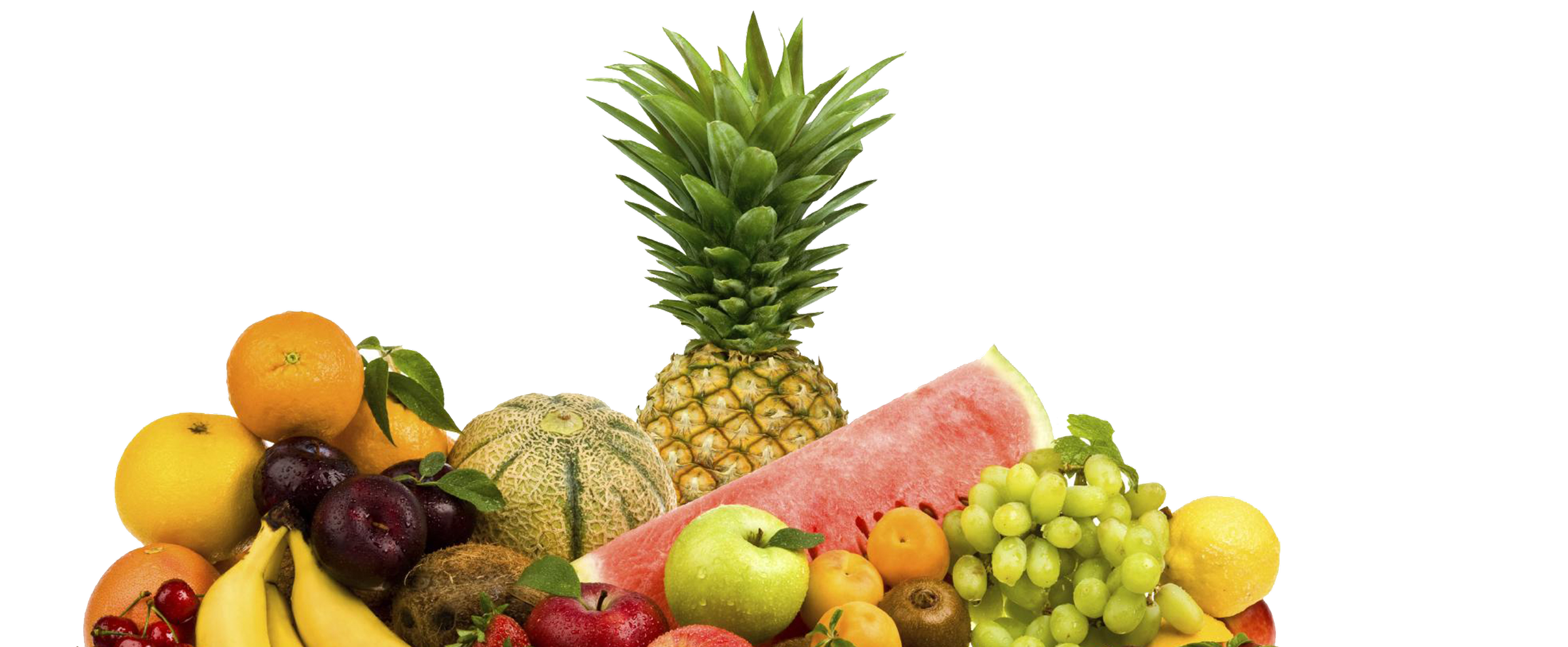 Assorted fresh fruits including pineapple, watermelon, apples, grapes, cherries, bananas, cantaloupe, lemons, oranges, and a cantaloupe melon.