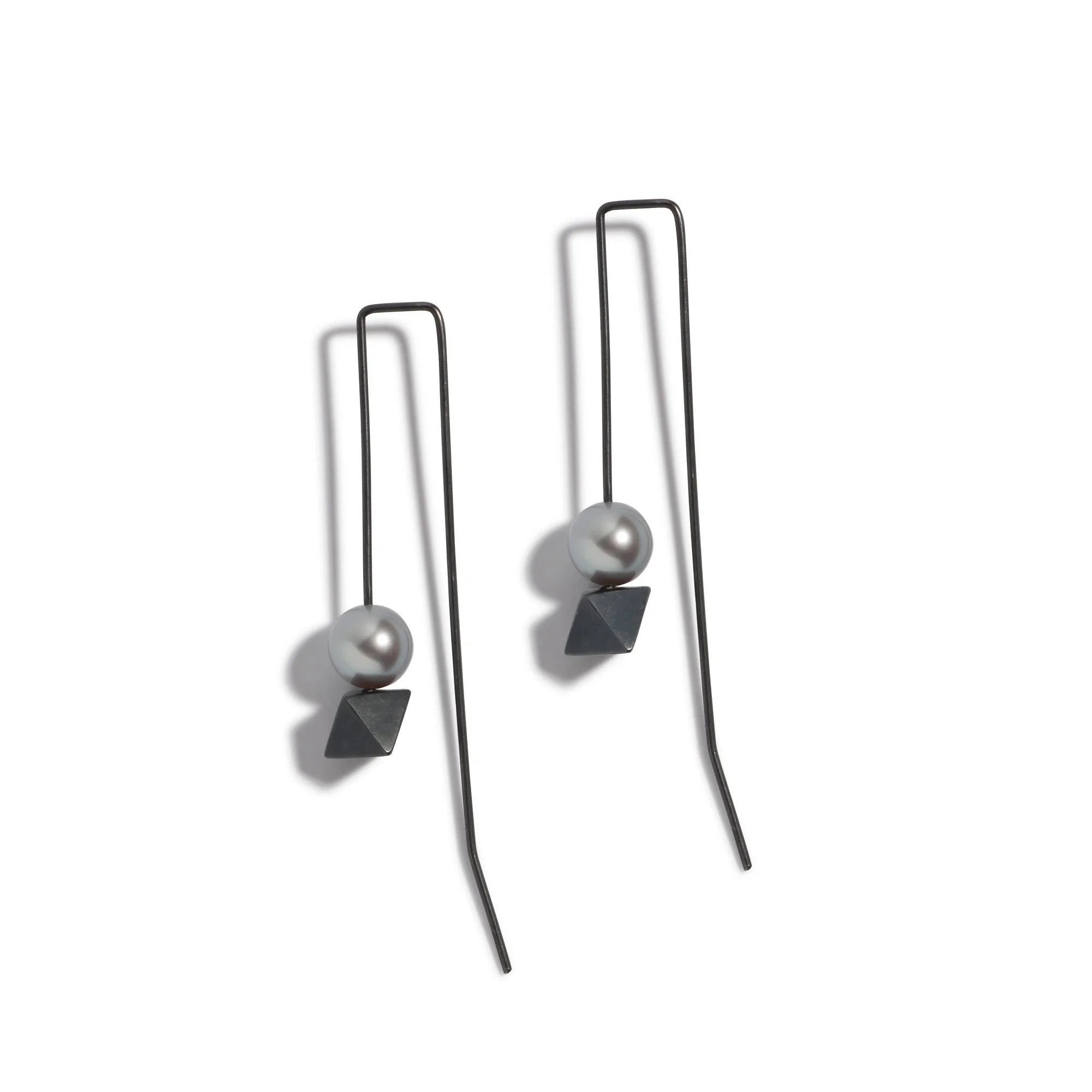 SILVER PEARL AND OCTAHEDRON RIGHT ANGLE EARRINGS