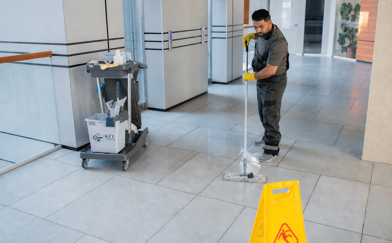 A man in a gray T-shirt, black pants, yellow gloves, and headphones is cleaning the floor of a modern building lobby with a mop. A yellow caution sign is on the floor nearby, and a cleaning cart with supplies is next to him.