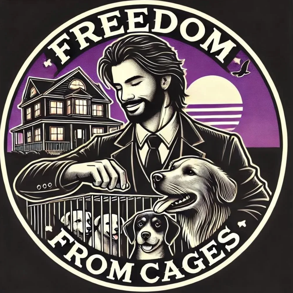 Illustration of a man with long hair and beard, smiling, holding a golden retriever dog, with a background of a house, a sunset, and flying birds, surrounded by the text 'FREEDOM FROM CAGES'